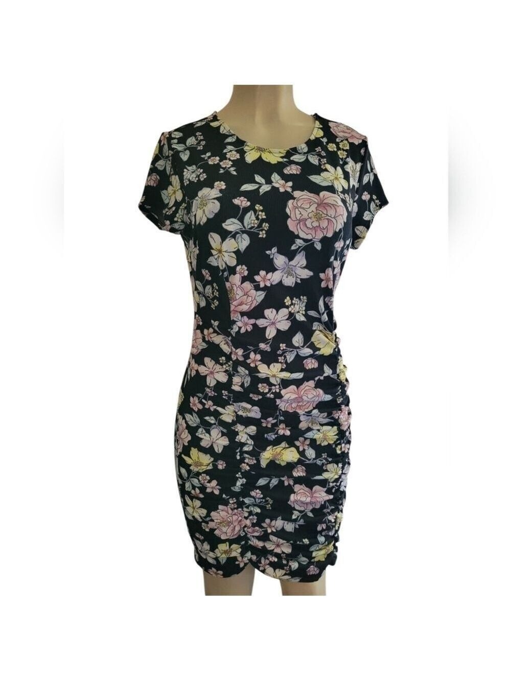 Planet Gold Black Ruched Floral Dress Large Summer Spring Easter